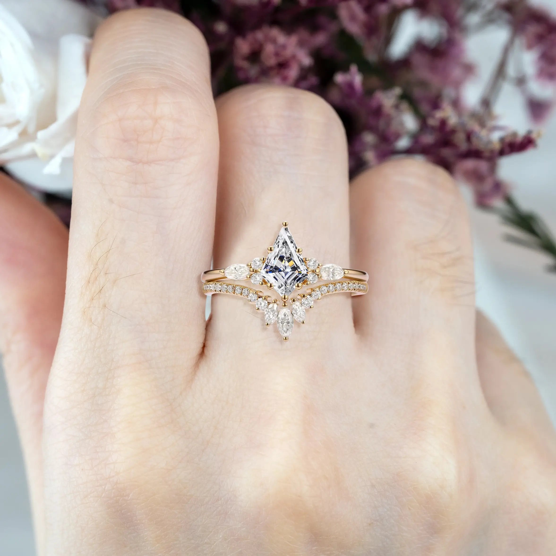 handmade kite-cut moissanite engagement ring set, featuring brilliant moissanite accents 18k gold ring