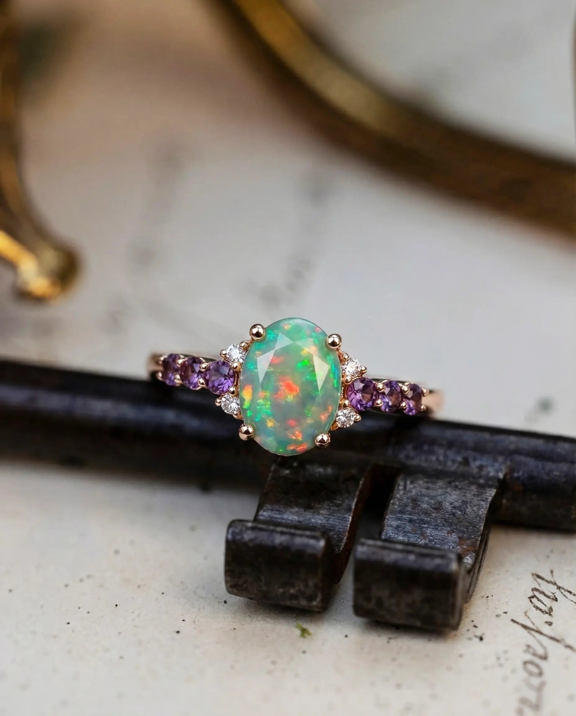 Oval Opal Engagement Ring with Alexandrite Classic Cluster Ring – Elara