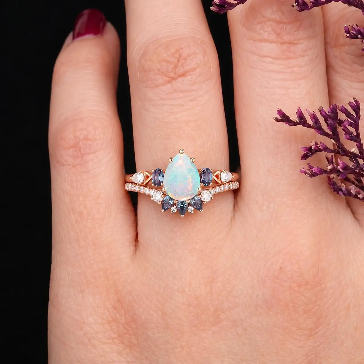 Lunara – Pear Cut Natural Opal Engagement Ring Set  Art Deco October Birthstone Rings