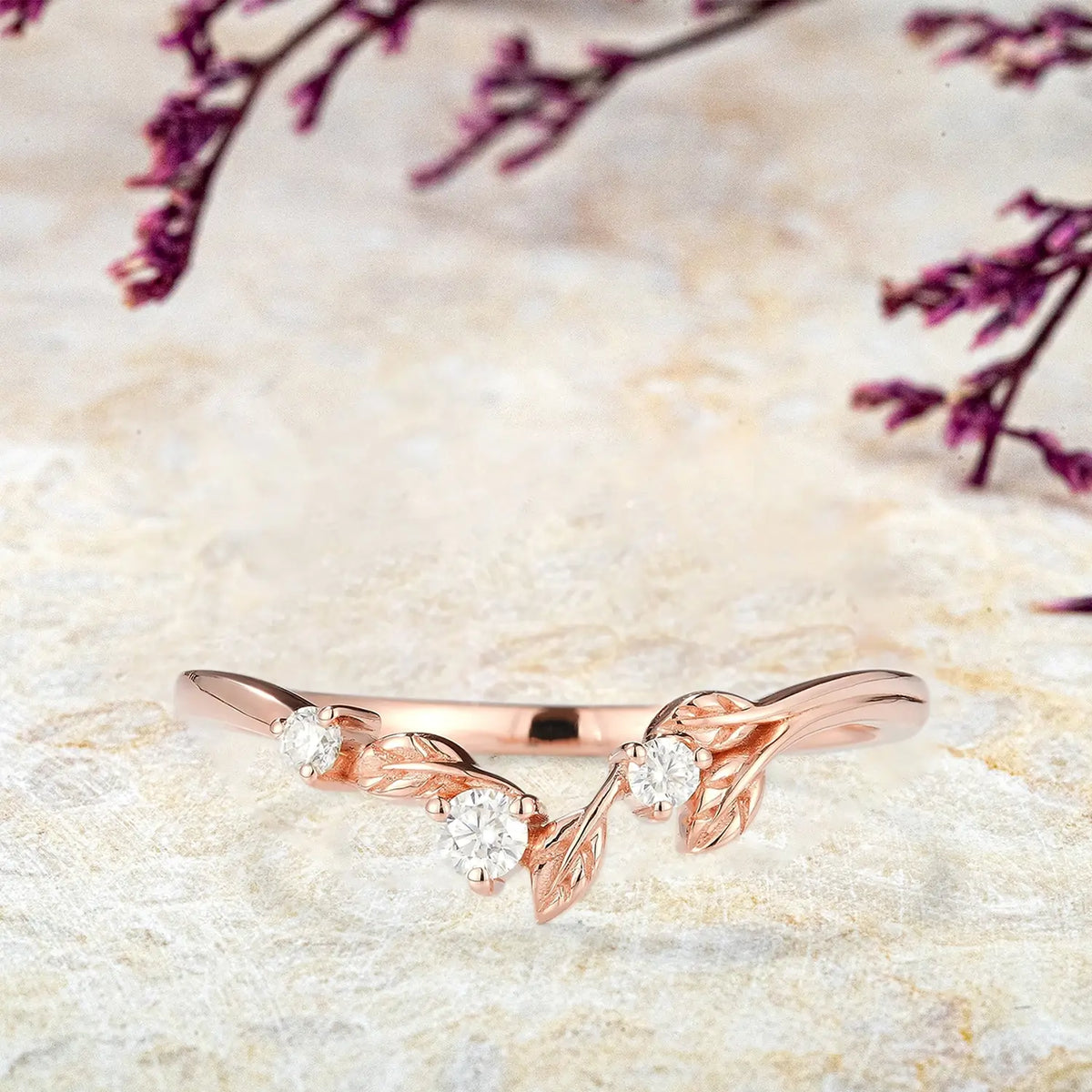 Vespera Moissanite Leaf Stacking Band – Nature-Inspired Wedding Band