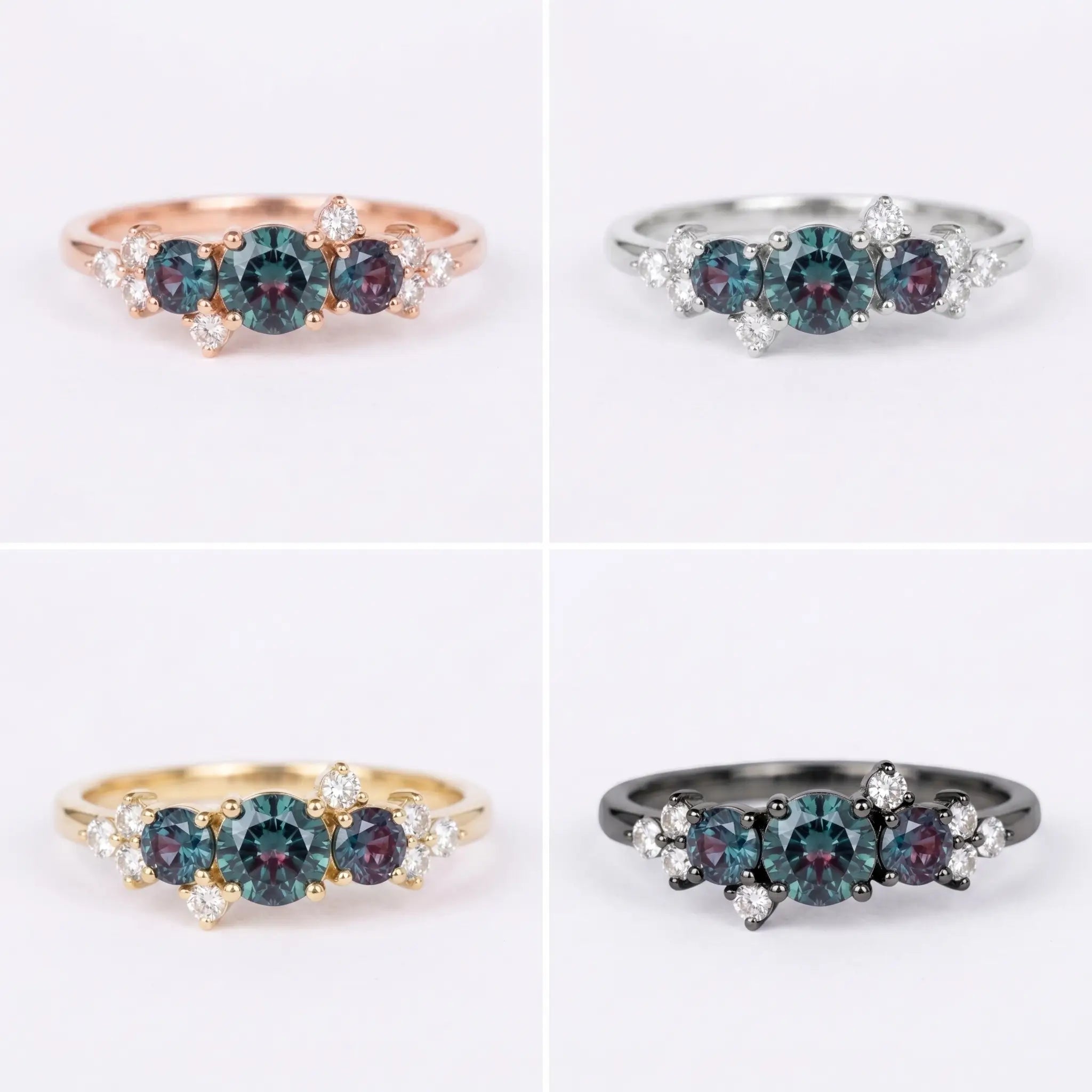 Front view matrix of Aeloria alexandrite ring in black gold, rose gold, yellow gold, and white gold