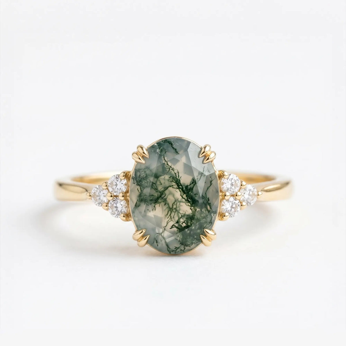 Handcrafted oval natural moss agate cluster engagement ring - Aeloria by Orleone