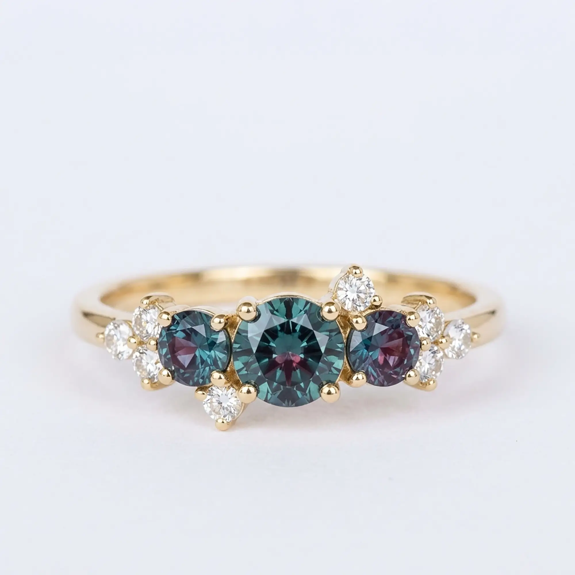 Handcrafted round alexandrite Art Deco three stone engagement ring - Aeloria by Orleone