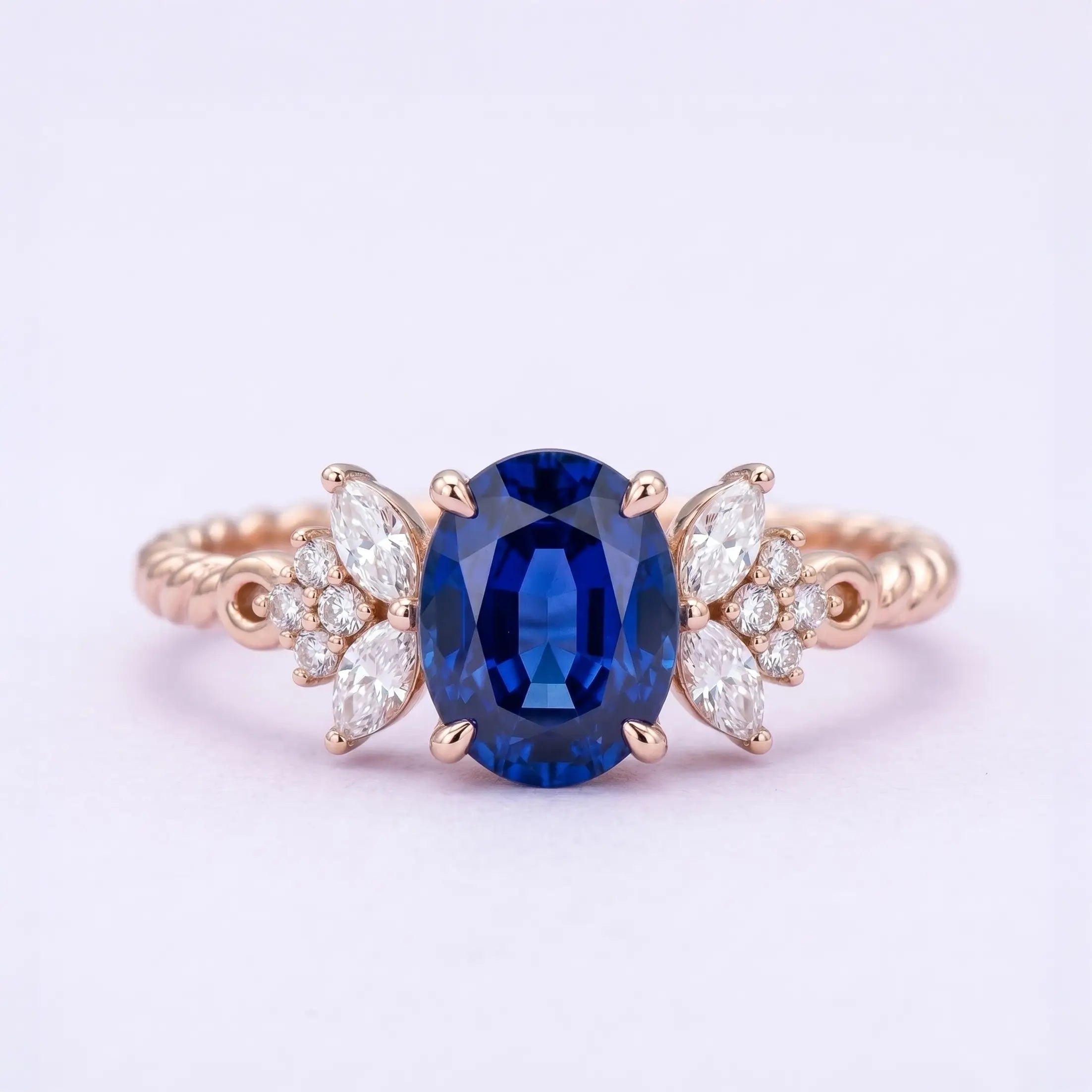 Handcrafted oval blue sapphire twisted cluster engagement ring - Aethelgard by Orleone
