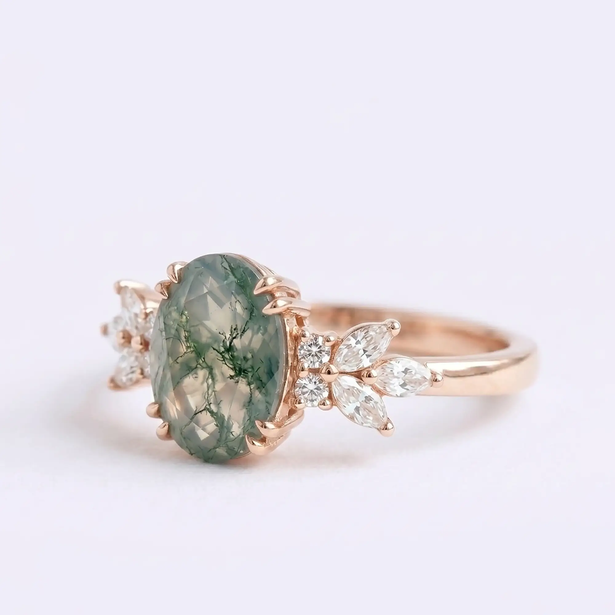 Unique alternative bridal flora ring with vintage split-prong setting in solid gold