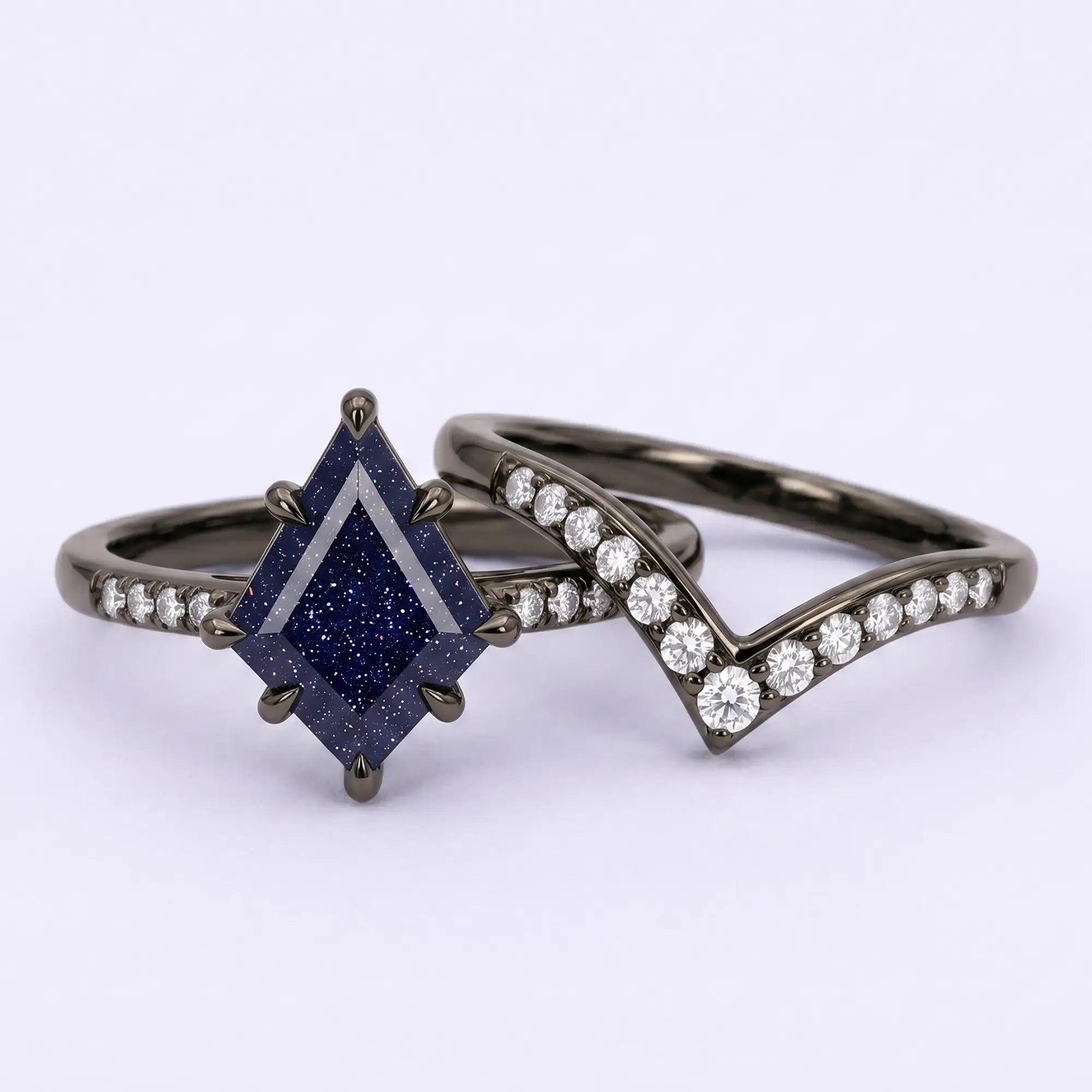 Celestia Nightfall – 2pc Blue Sandstone Vintage Chevron Ring Set