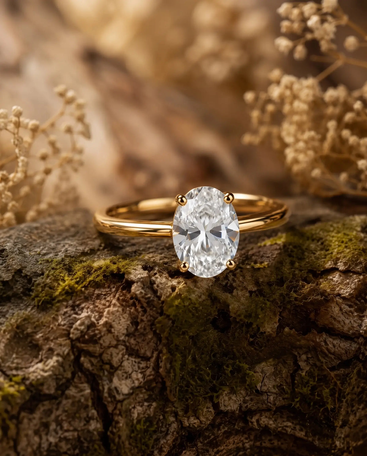 Classic oval lab diamond engagement ring styled in an elegant fine jewelry scene