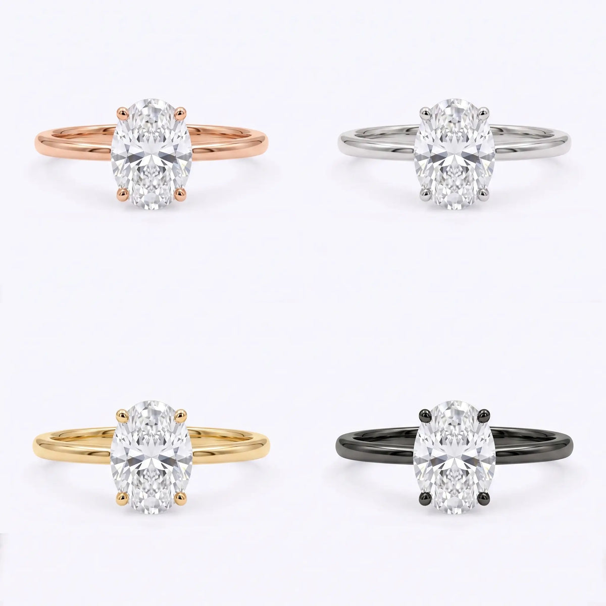 Oval lab diamond solitaire ring shown in black gold, white gold, rose gold, and yellow gold