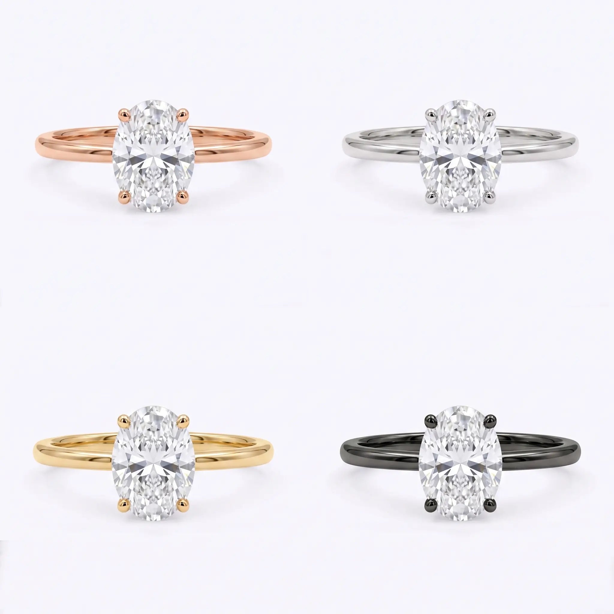 Oval lab diamond solitaire ring shown in black gold, white gold, rose gold, and yellow gold