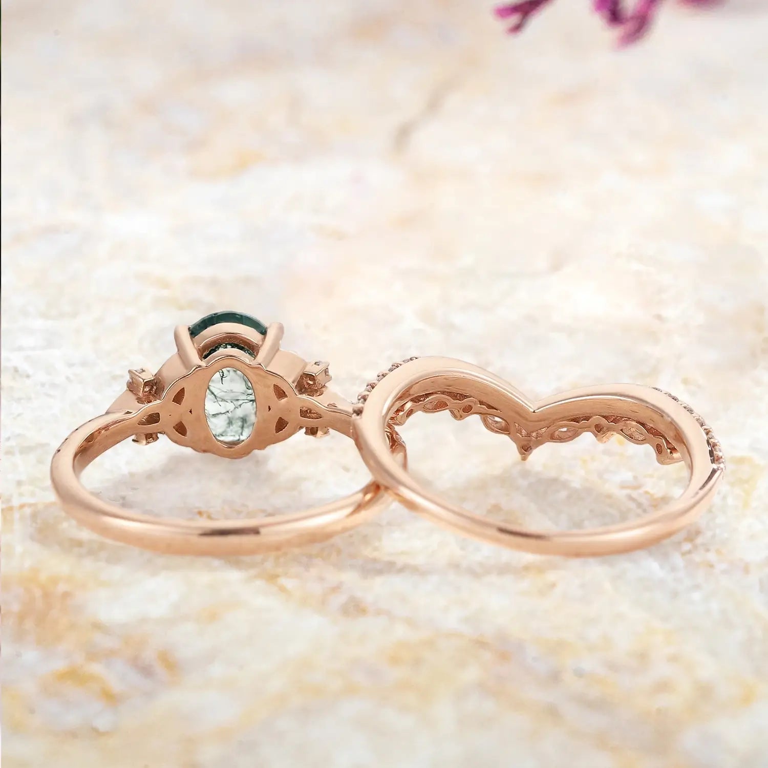 Art Deco Oval Moss Agate Engagement Ring Set Celtic Knot Wedding Band – Aeloria