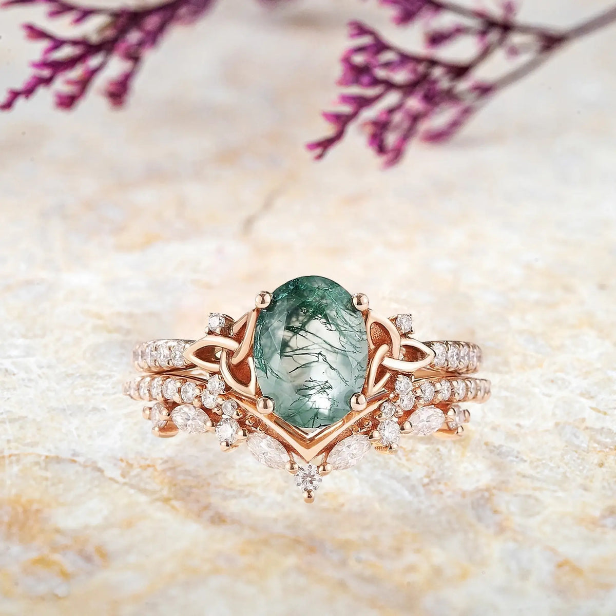 Art Deco oval moss agate engagement ring set with Celtic knot moissanite wedding band in gold