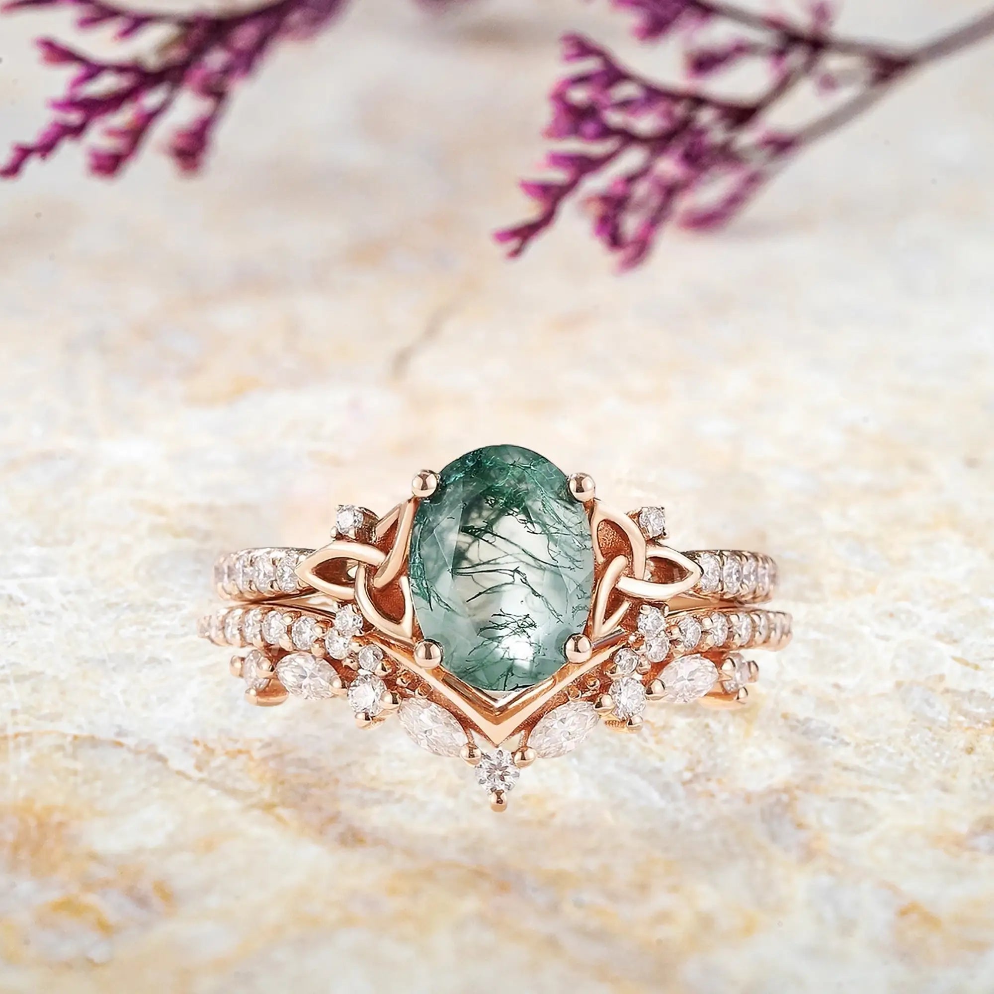 Art Deco oval moss agate engagement ring set with Celtic knot moissanite wedding band in gold