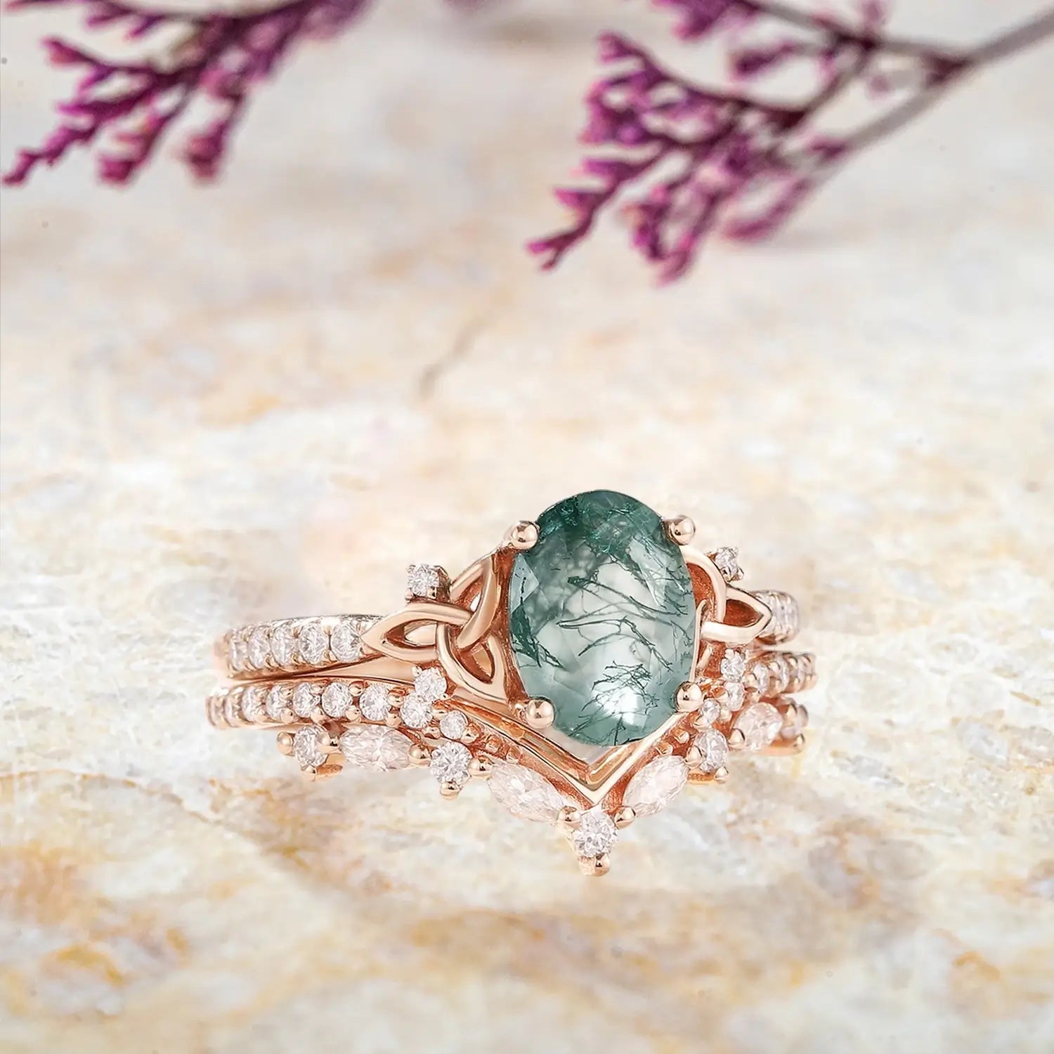 Art Deco oval moss agate engagement ring set