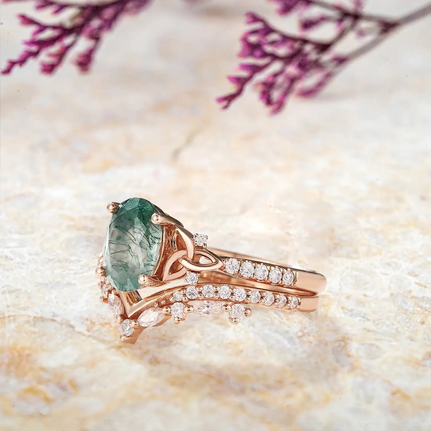 Art Deco Oval Moss Agate Engagement Ring Set Celtic Knot Wedding Band – Aeloria