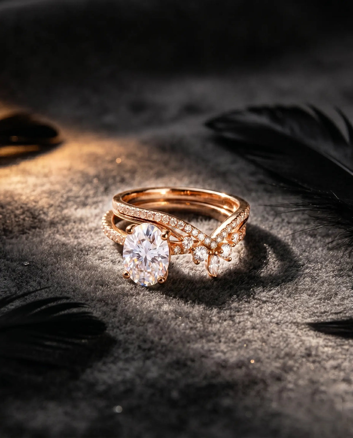 Modern moissanite bridal ring set styled in a soft romantic jewelry scene