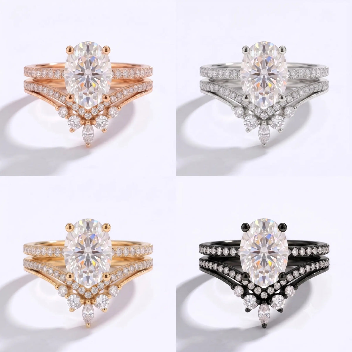 Oval moissanite V-shaped bridal set shown in yellow gold, rose gold, white gold, and black gold