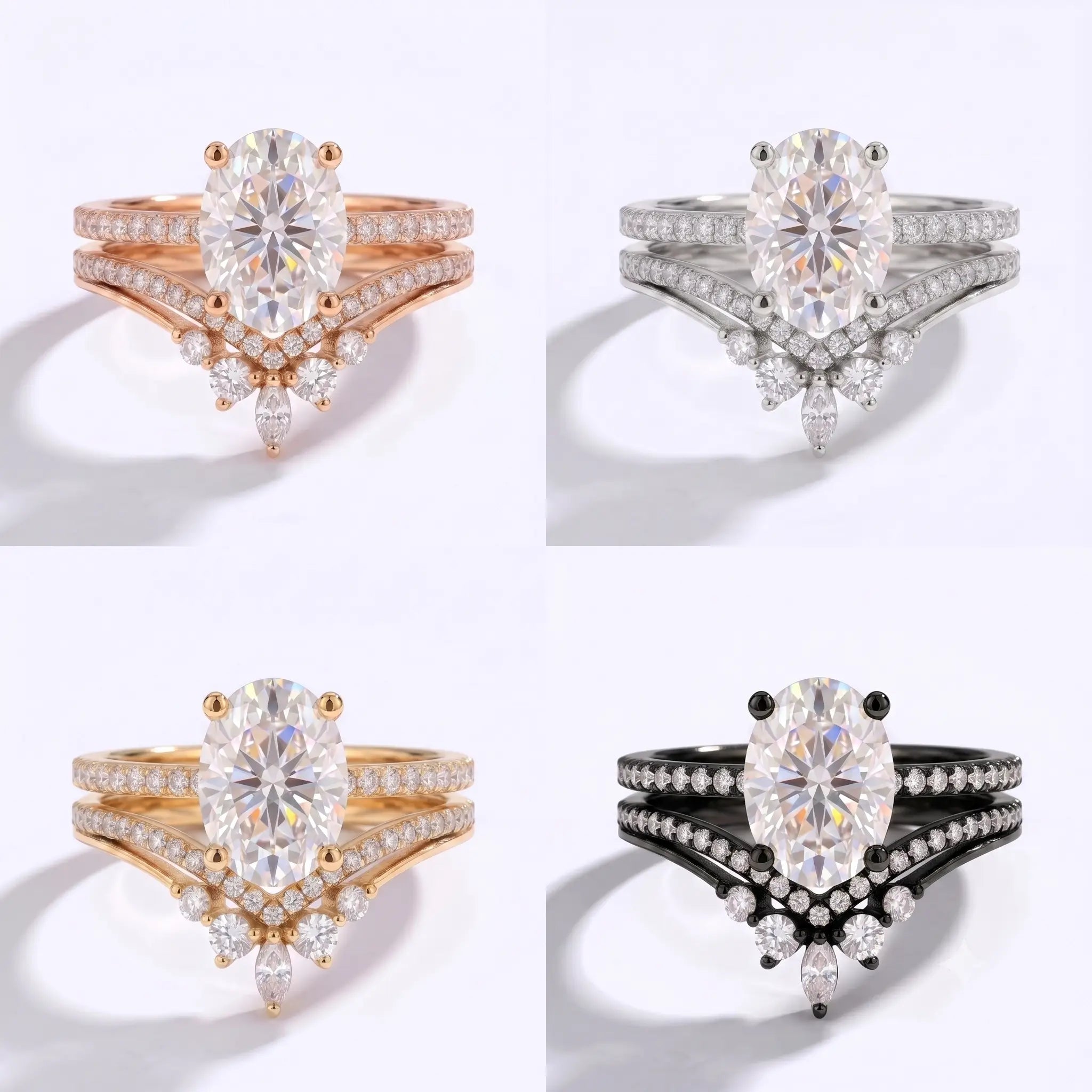 Oval moissanite V-shaped bridal set shown in yellow gold, rose gold, white gold, and black gold