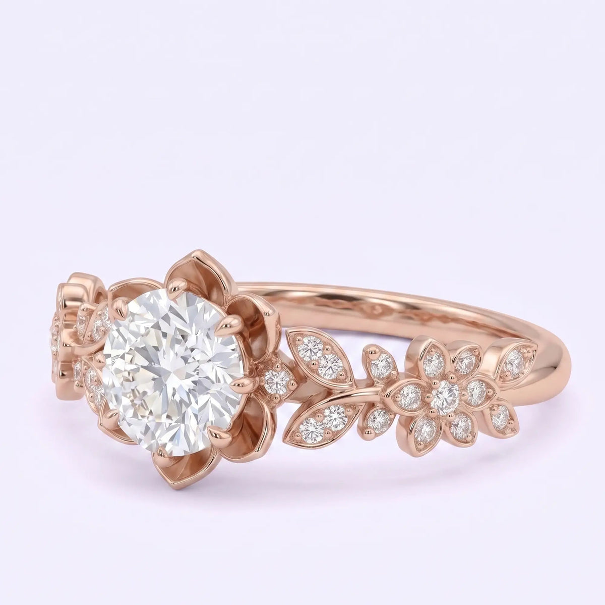 Botanical engagement ring with round moissanite and sculpted petals