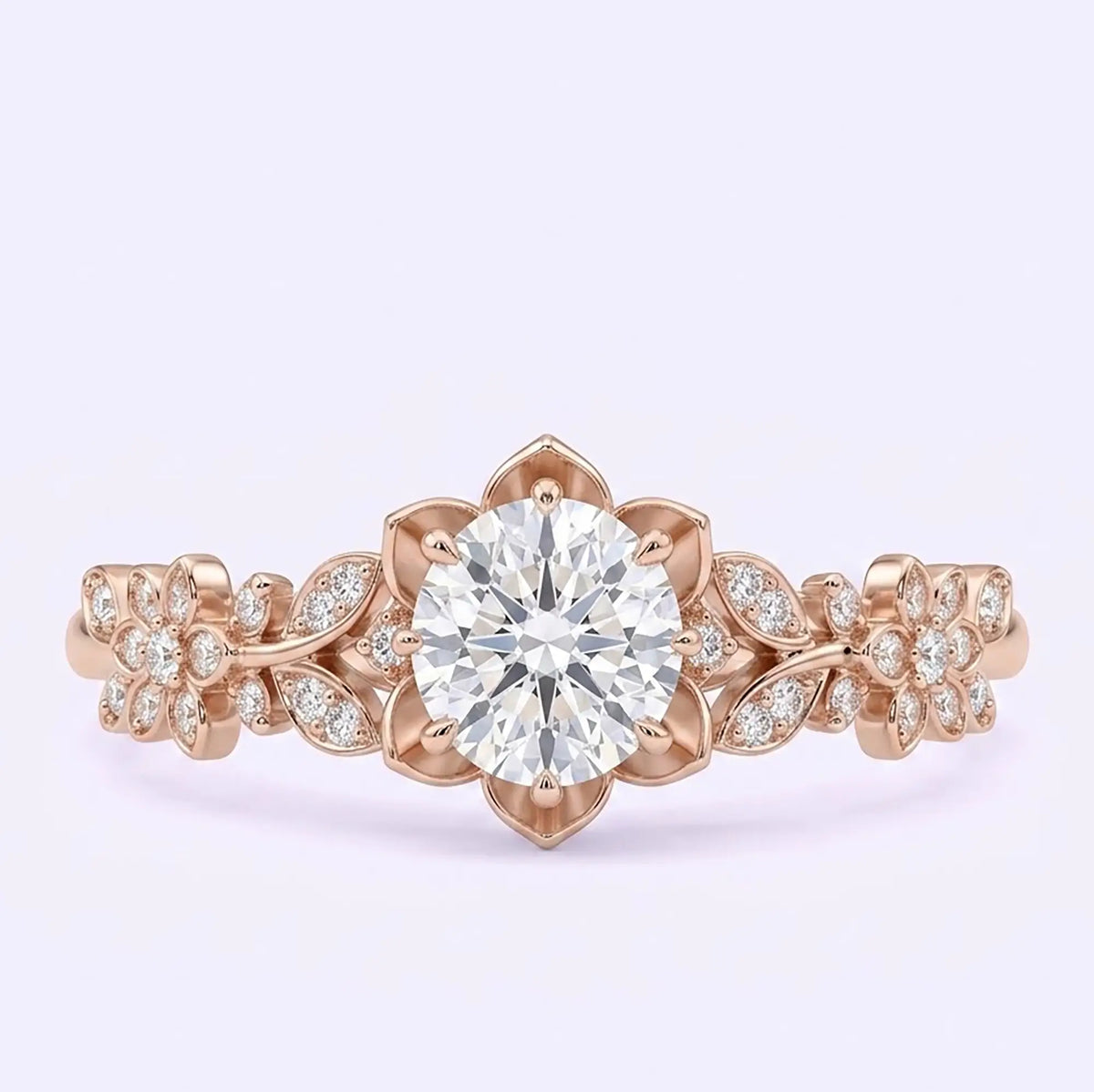 Round moissanite floral cluster engagement ring in rose gold