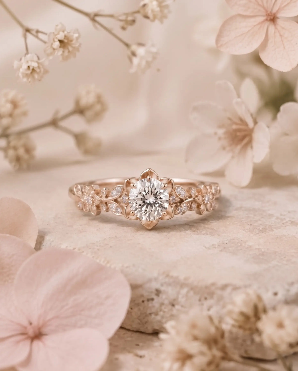 Round Moissanite Floral Cluster Engagement Ring - Aureflora