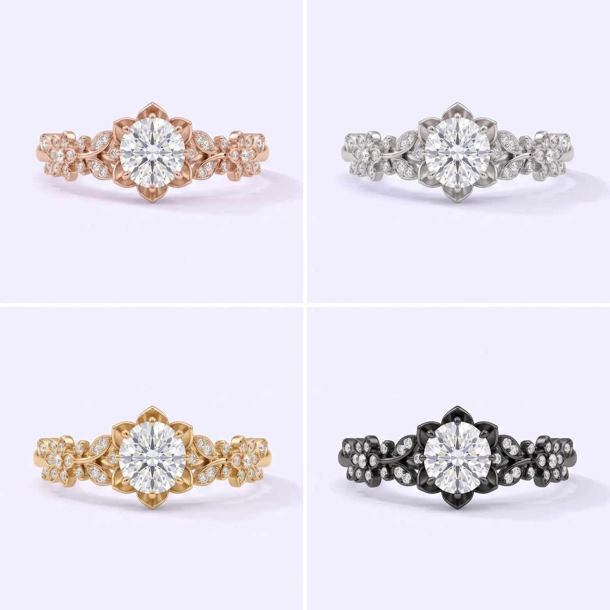Floral cluster ring shown in black, white, rose, and yellow gold