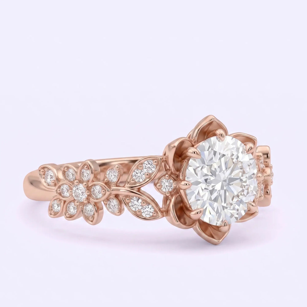 Floral moissanite cluster ring with flowers and leaf details