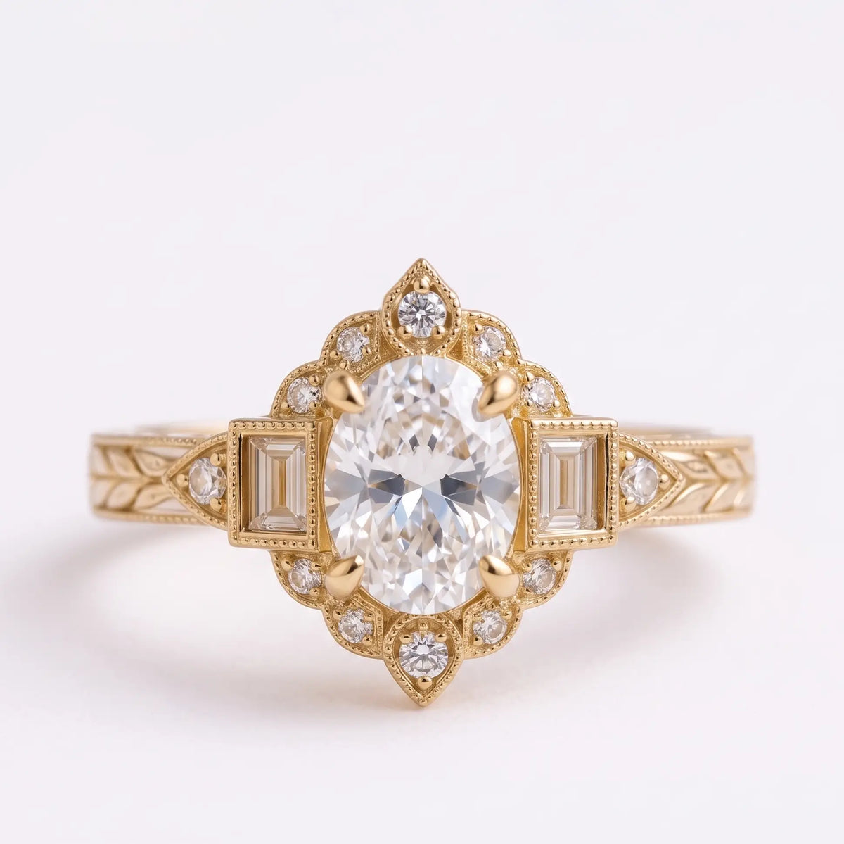 Vintage Art Deco oval moissanite halo engagement ring with rectangular step cut side stones and wheat inspired gold band