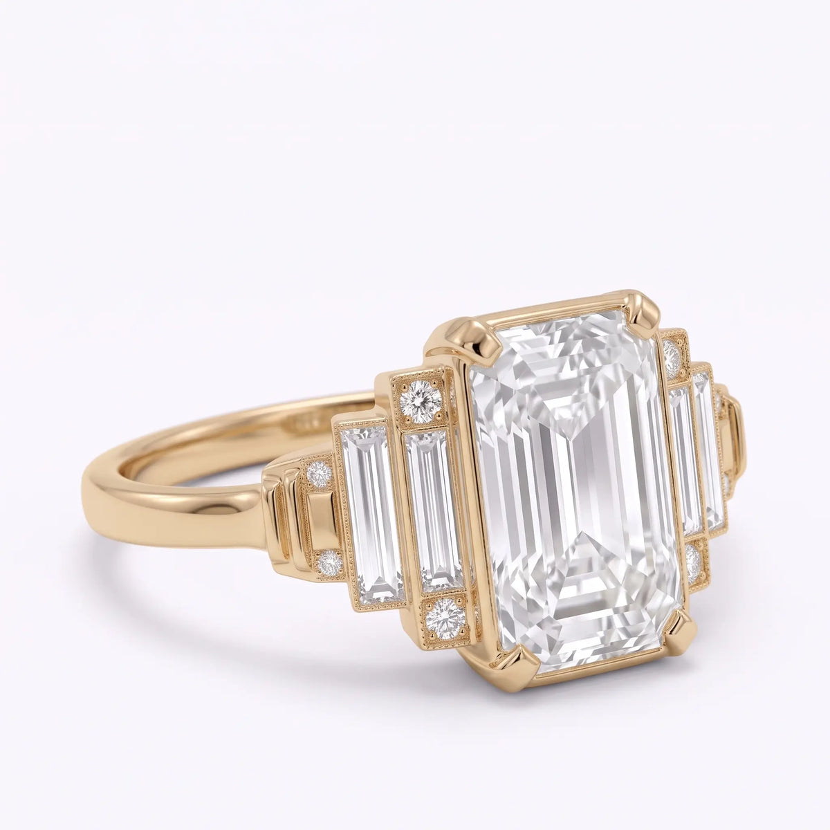 Front view of emerald cut moissanite Art Deco cluster engagement ring