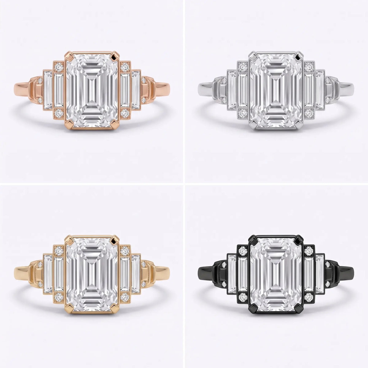 Emerald cut moissanite Art Deco engagement ring in yellow gold white gold rose gold and black gold options