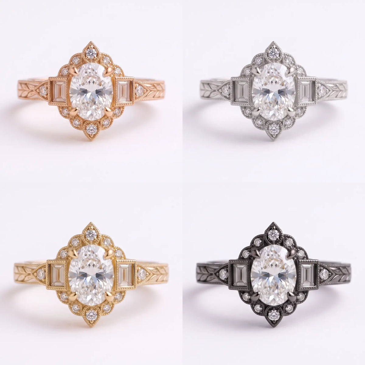 Oval moissanite halo ring shown in yellow gold white gold rose gold and black gold options
