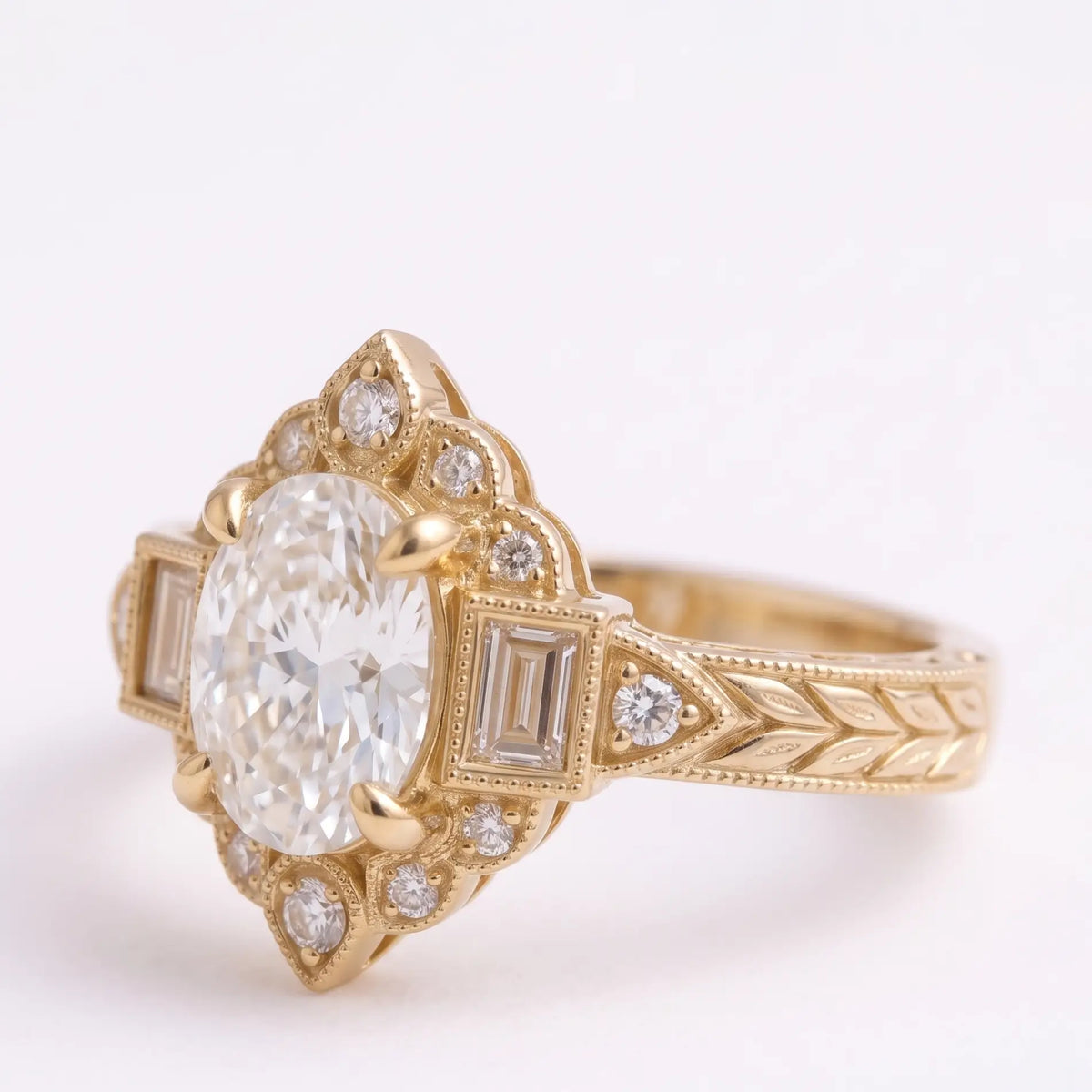 Three quarter view of vintage oval moissanite ring with geometric halo design