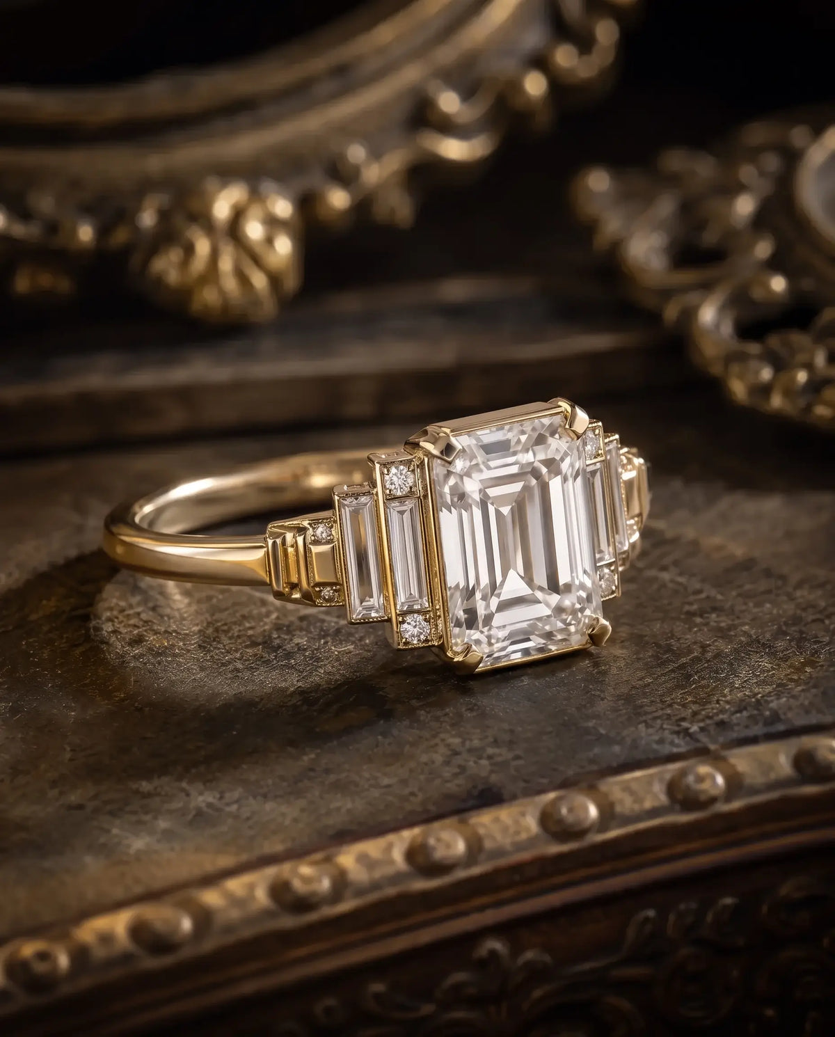 Detail of round cut moissanite cluster accents on geometric gold ring
