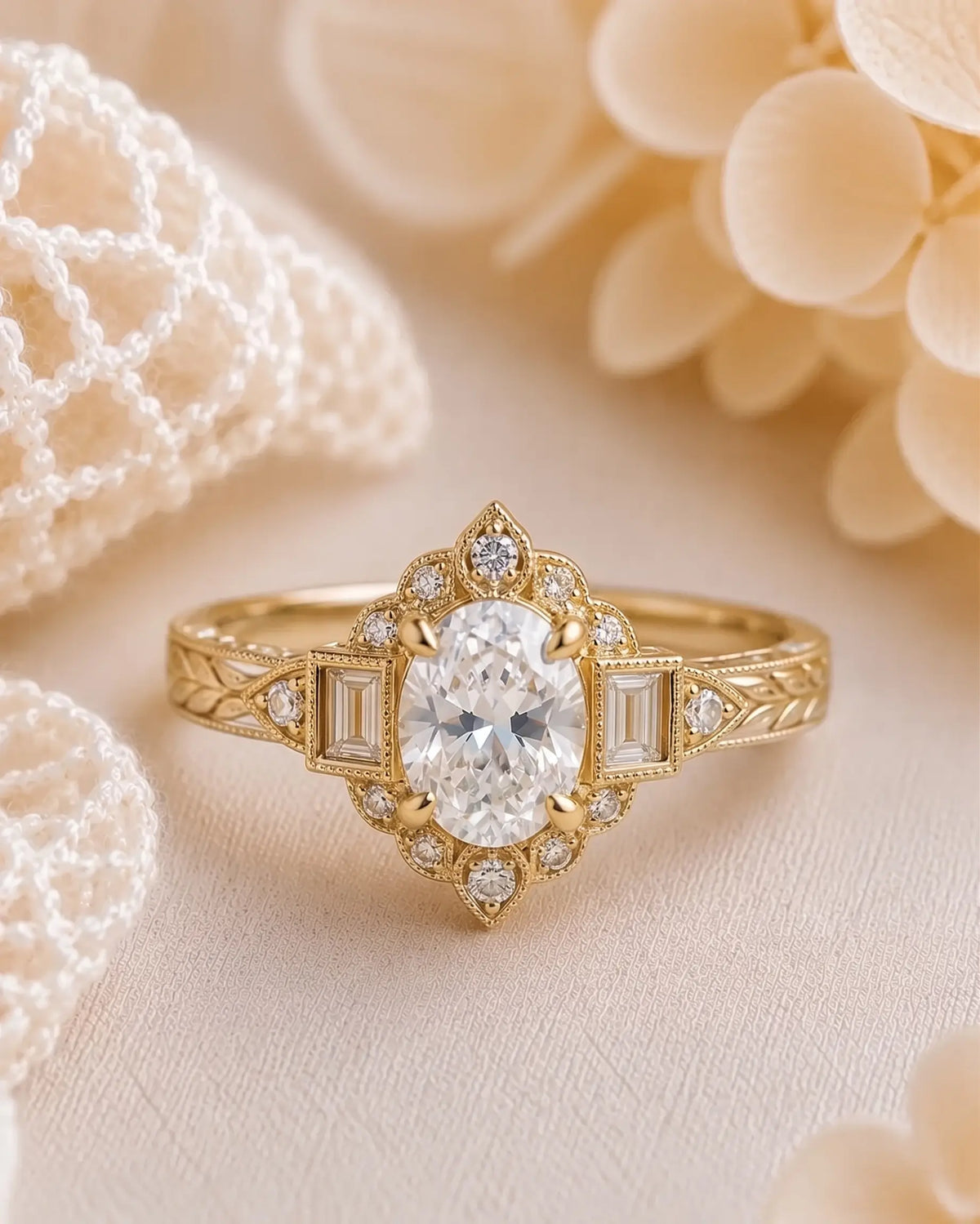 Detail of rectangular step cut moissanite side accent on vintage Art Deco ring