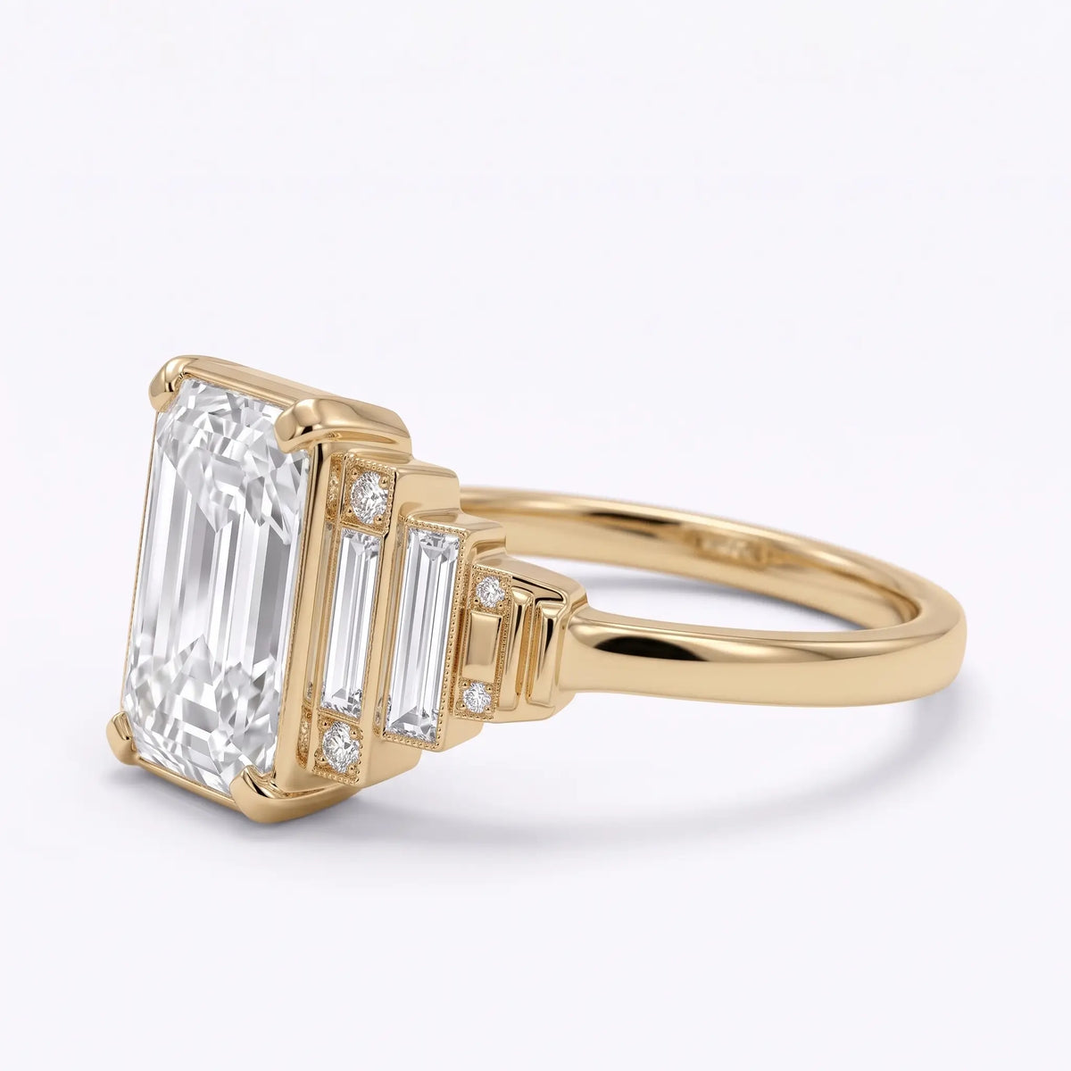 Side view of Art Deco moissanite engagement ring with geometric stepped accents