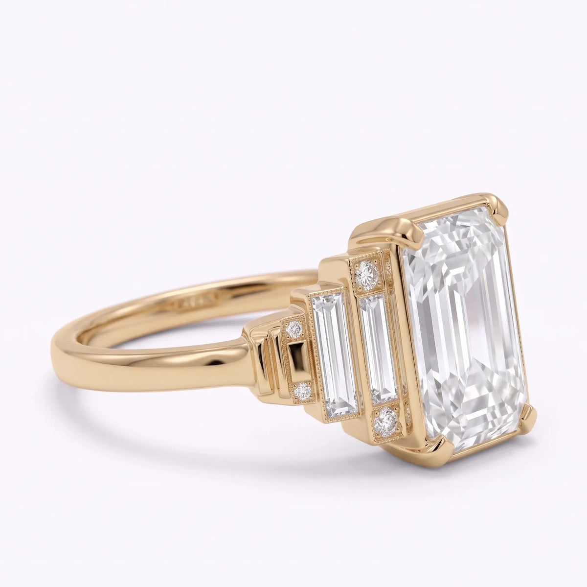 Three quarter view of vintage geometric moissanite cluster ring in gold