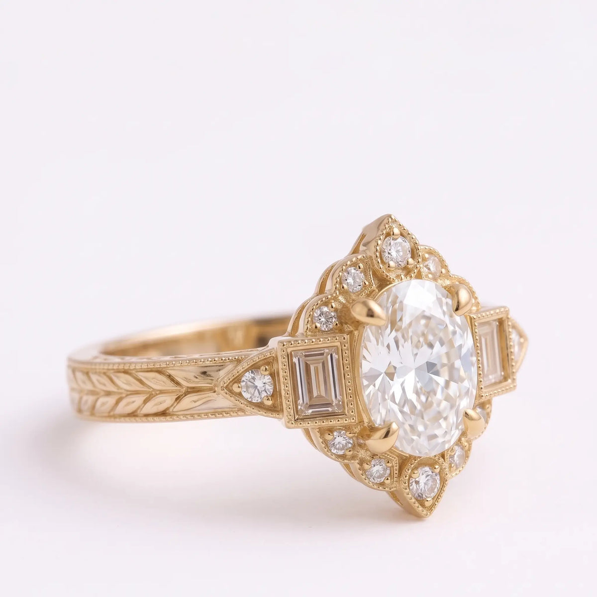 Front view of Art Deco oval moissanite halo engagement ring in yellow gold