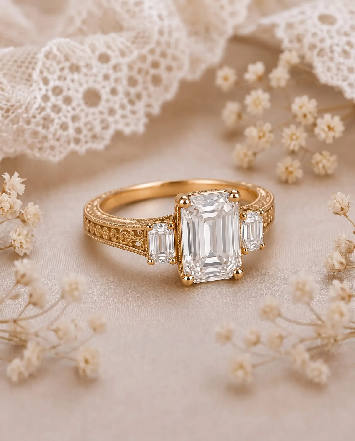 Edwardian inspired filigree and openwork scroll motifs decorating the shoulders of a vintage gold diamond ring