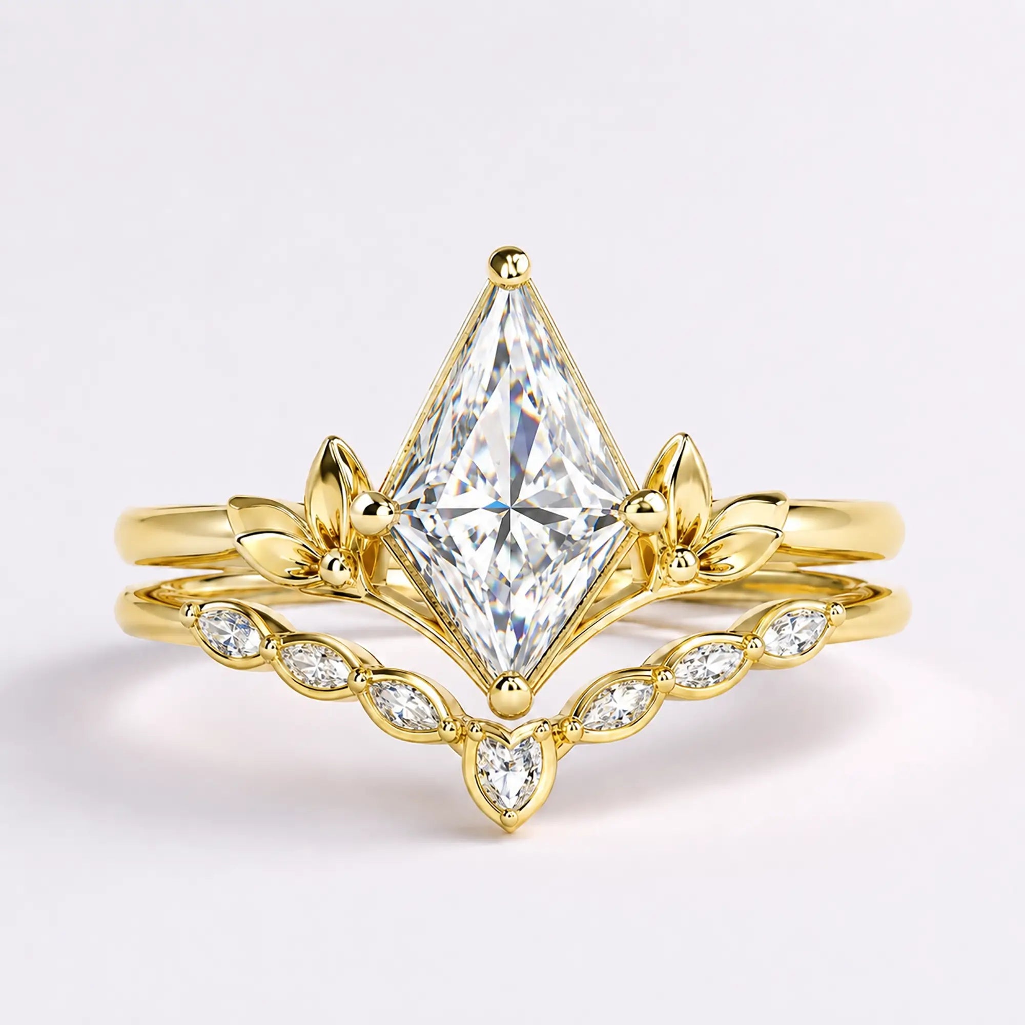 Kite cut moissanite leaf bridal ring set with contour wedding band in yellow gold