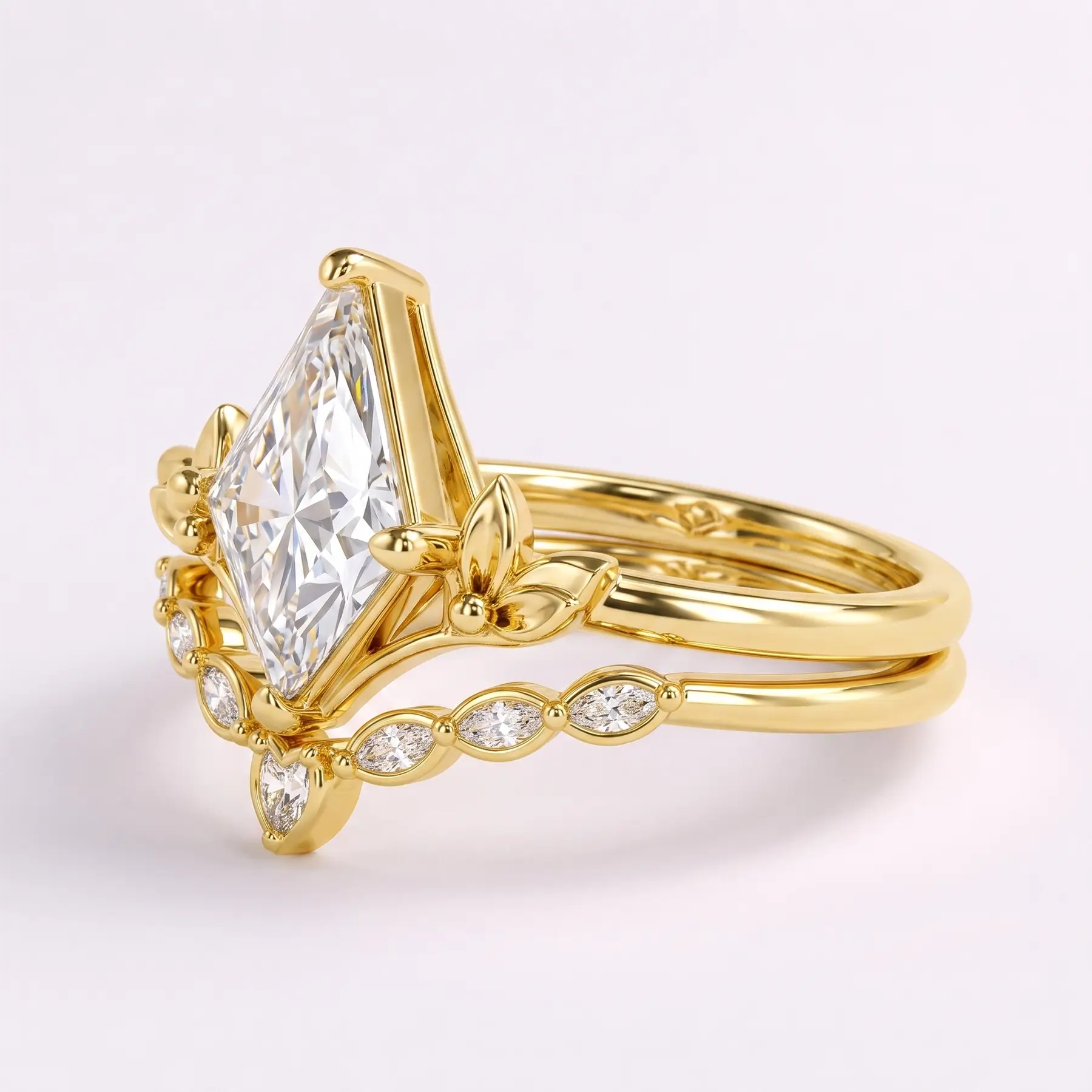 Left view of kite moissanite bridal ring set with leaf details and curved matching band