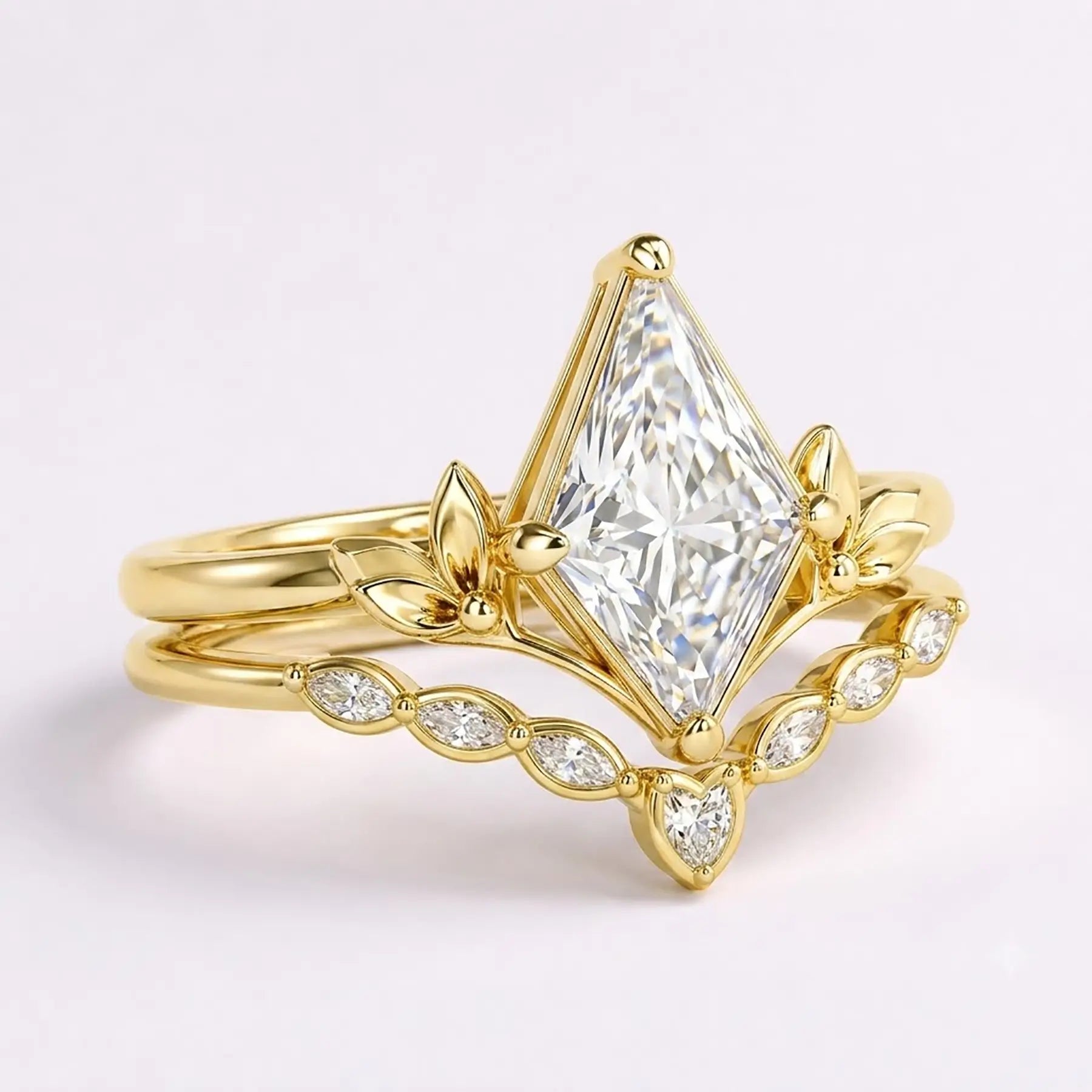 Side view of nature-inspired moissanite ring set showing layered gold band design