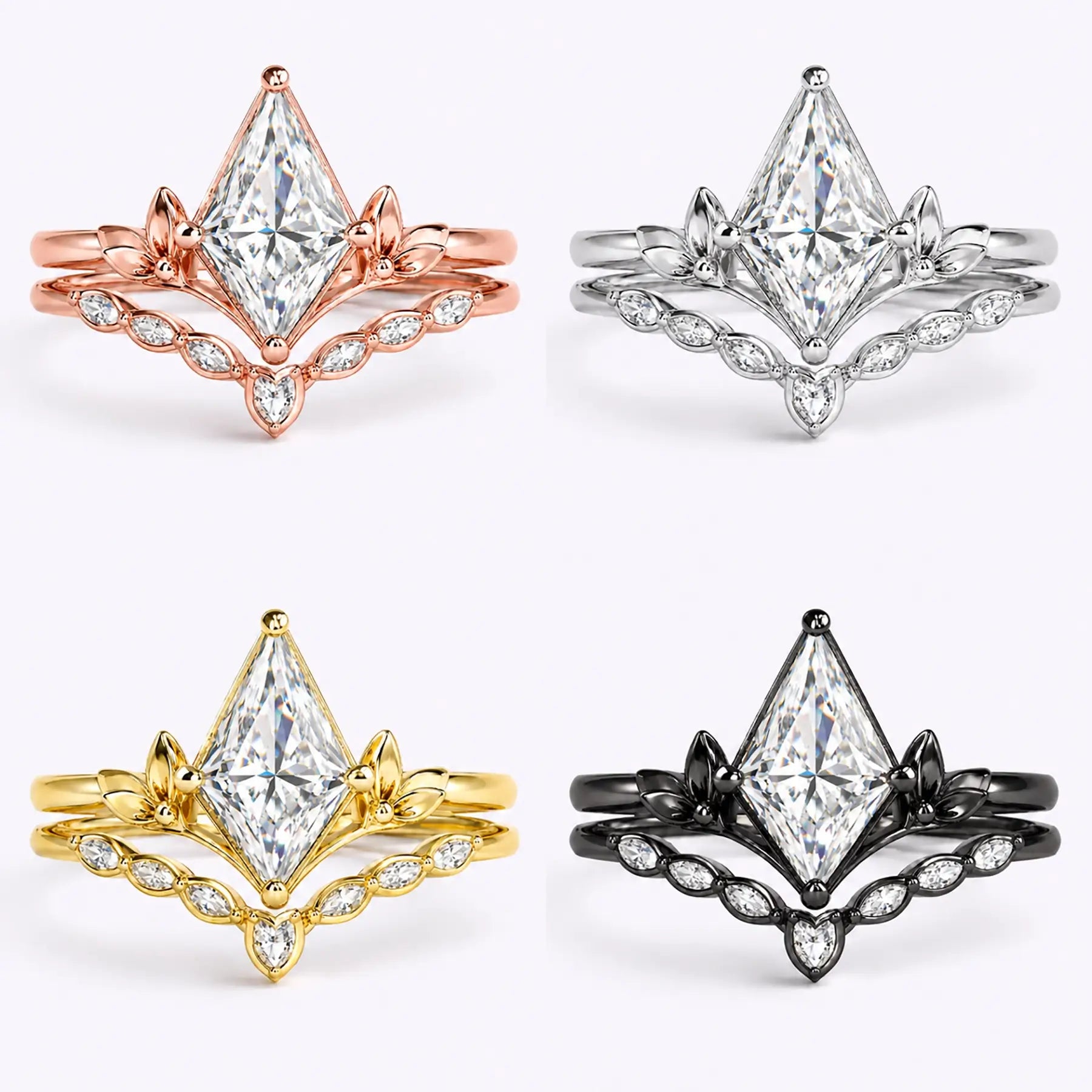 Kite moissanite bridal ring set shown in black gold, white gold, rose gold, and yellow gold