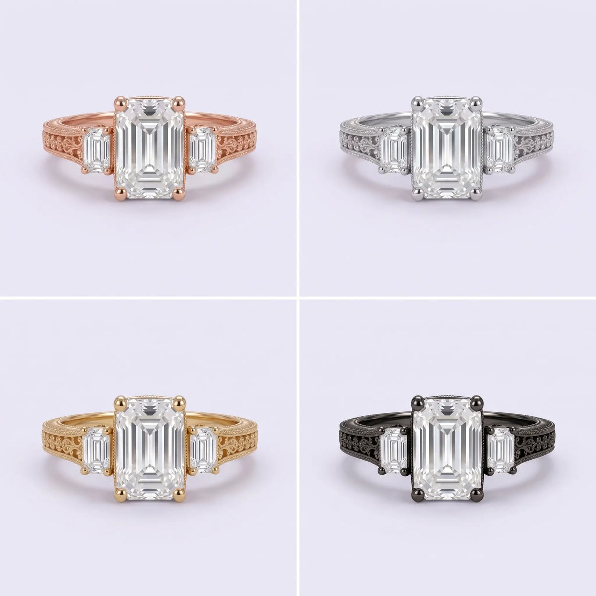 Emerald cut three stone lab diamond engagement ring shown in yellow gold white gold rose gold and black gold finishes
