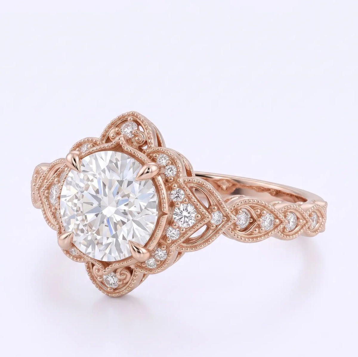 Front view of antique inspired round moissanite cluster engagement ring