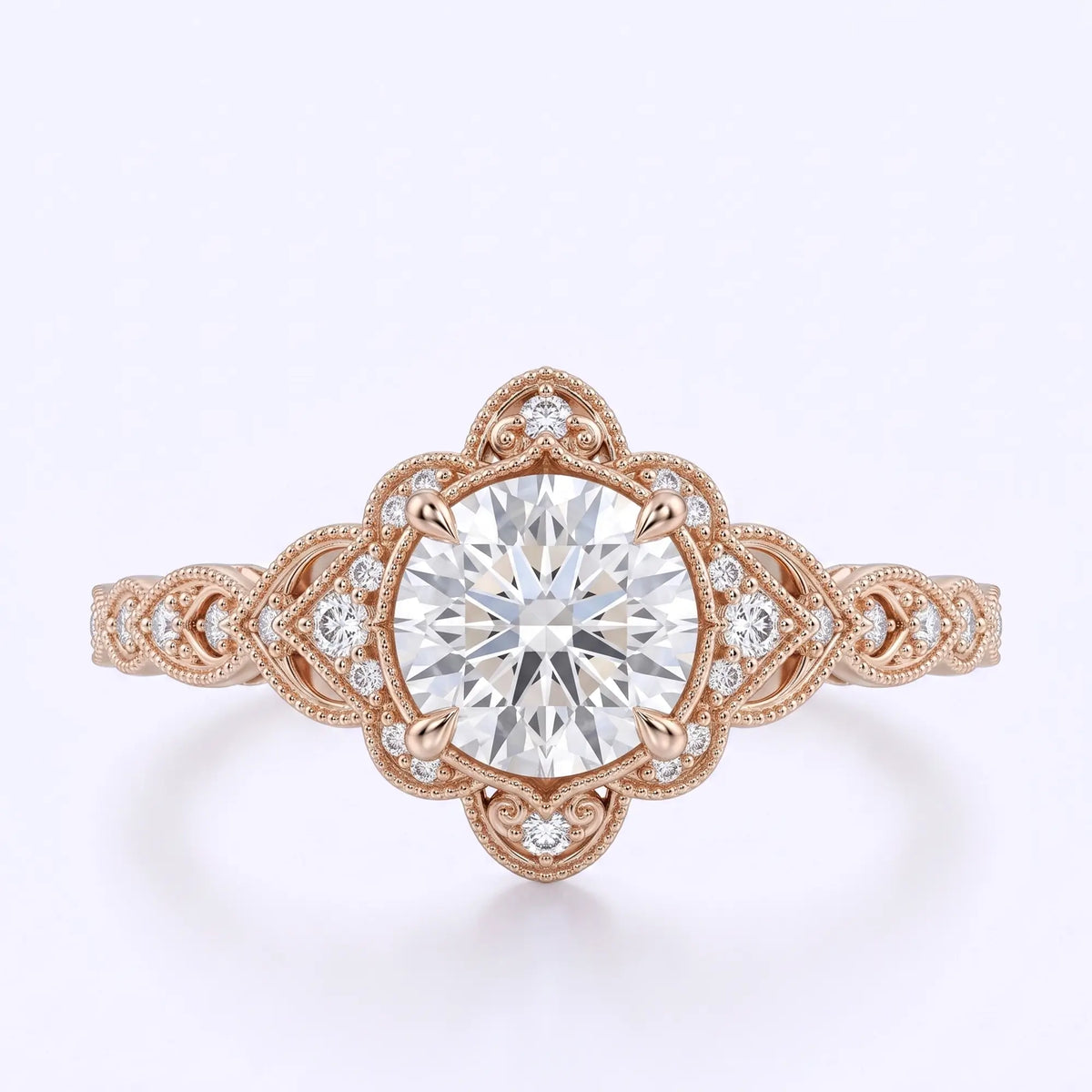 Vintage Edwardian moissanite cluster halo engagement ring with filigree and milgrain