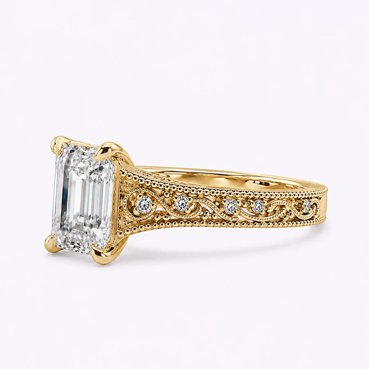 Left view of lab diamond ring with lace-like filigree scrollwork