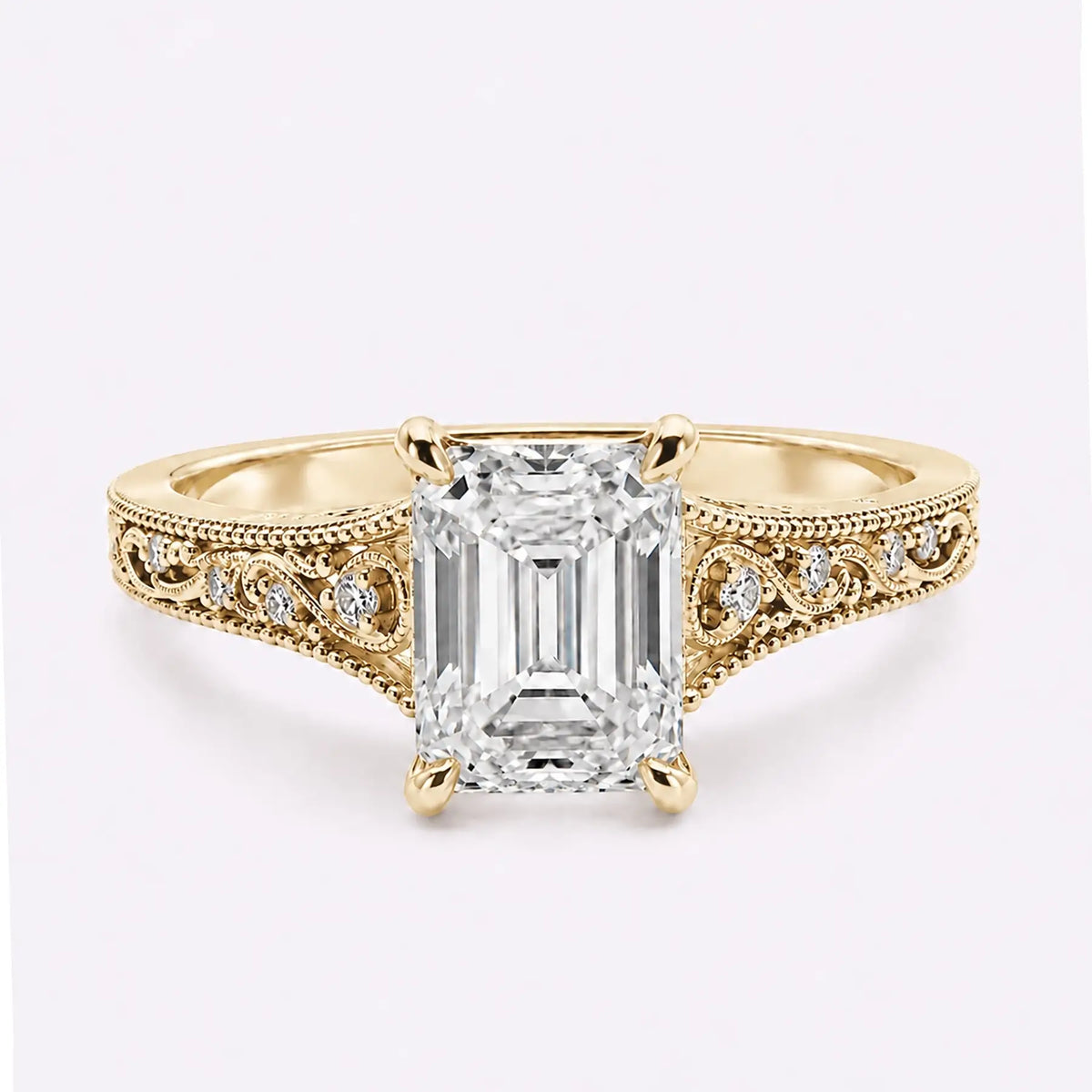 Edwardian emerald cut lab diamond filigree engagement ring in yellow gold