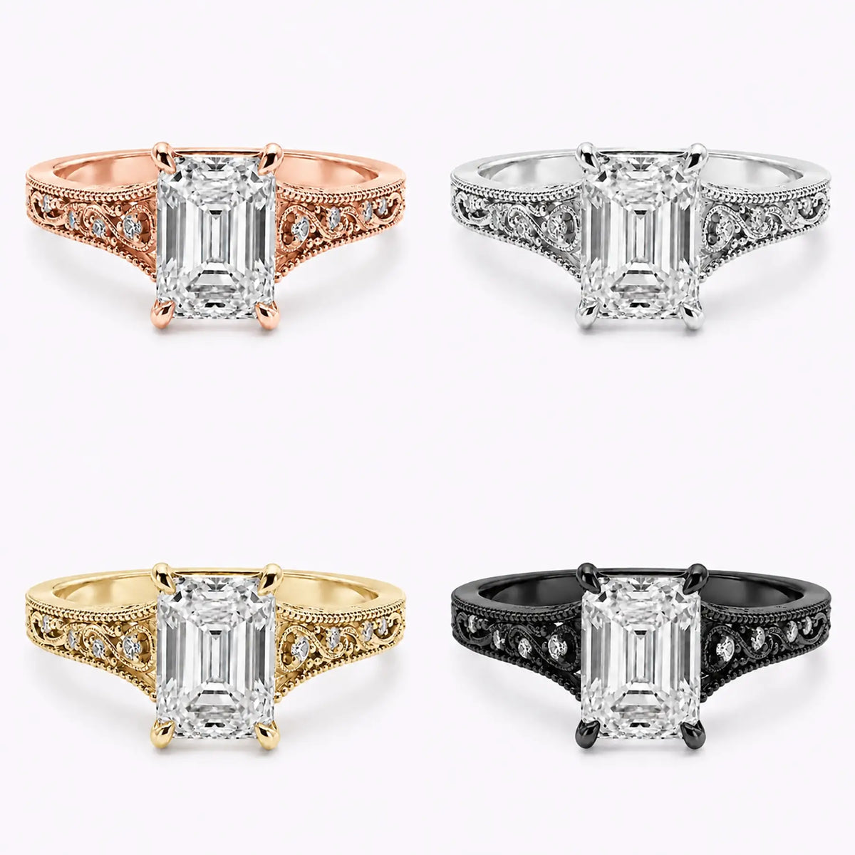 Edwardian lab diamond filigree ring shown in black gold, white gold, rose gold, and yellow gold