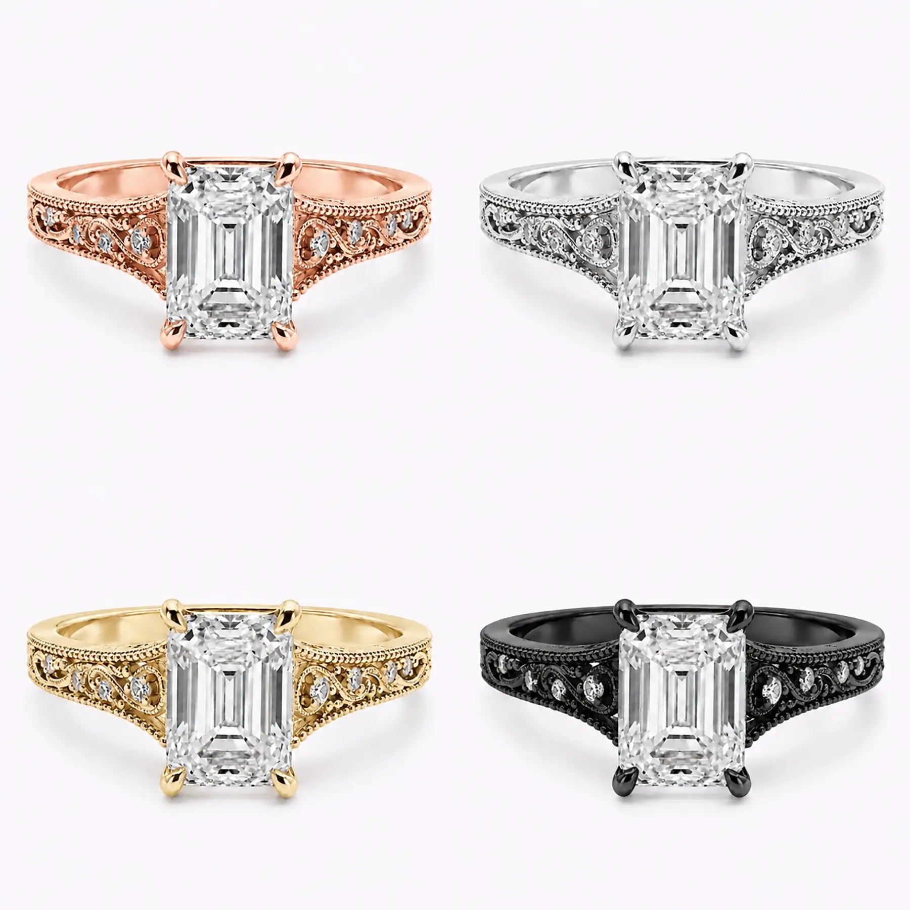 Edwardian lab diamond filigree ring shown in black gold, white gold, rose gold, and yellow gold