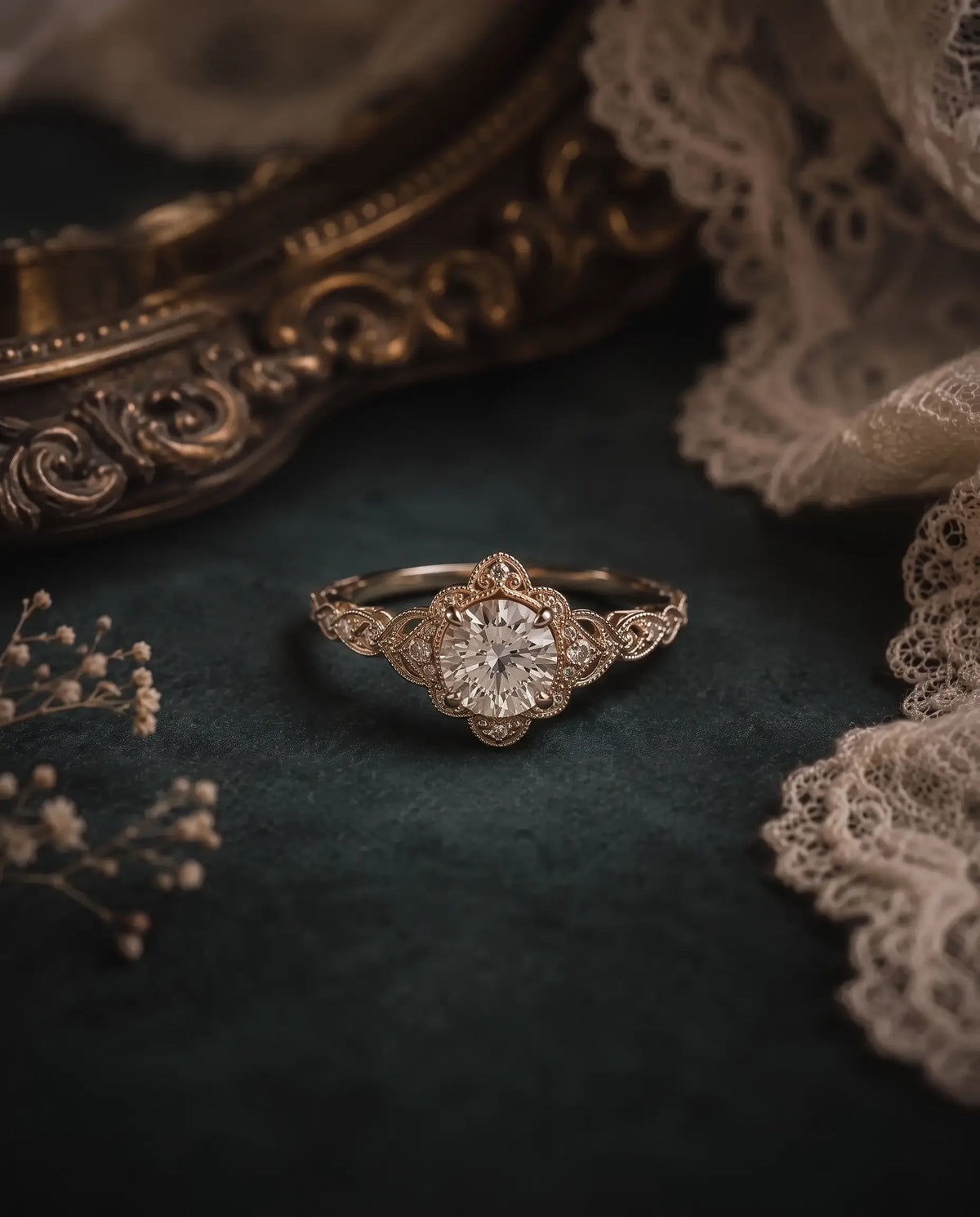 Round moissanite center surrounded by sparkling cluster halo accents