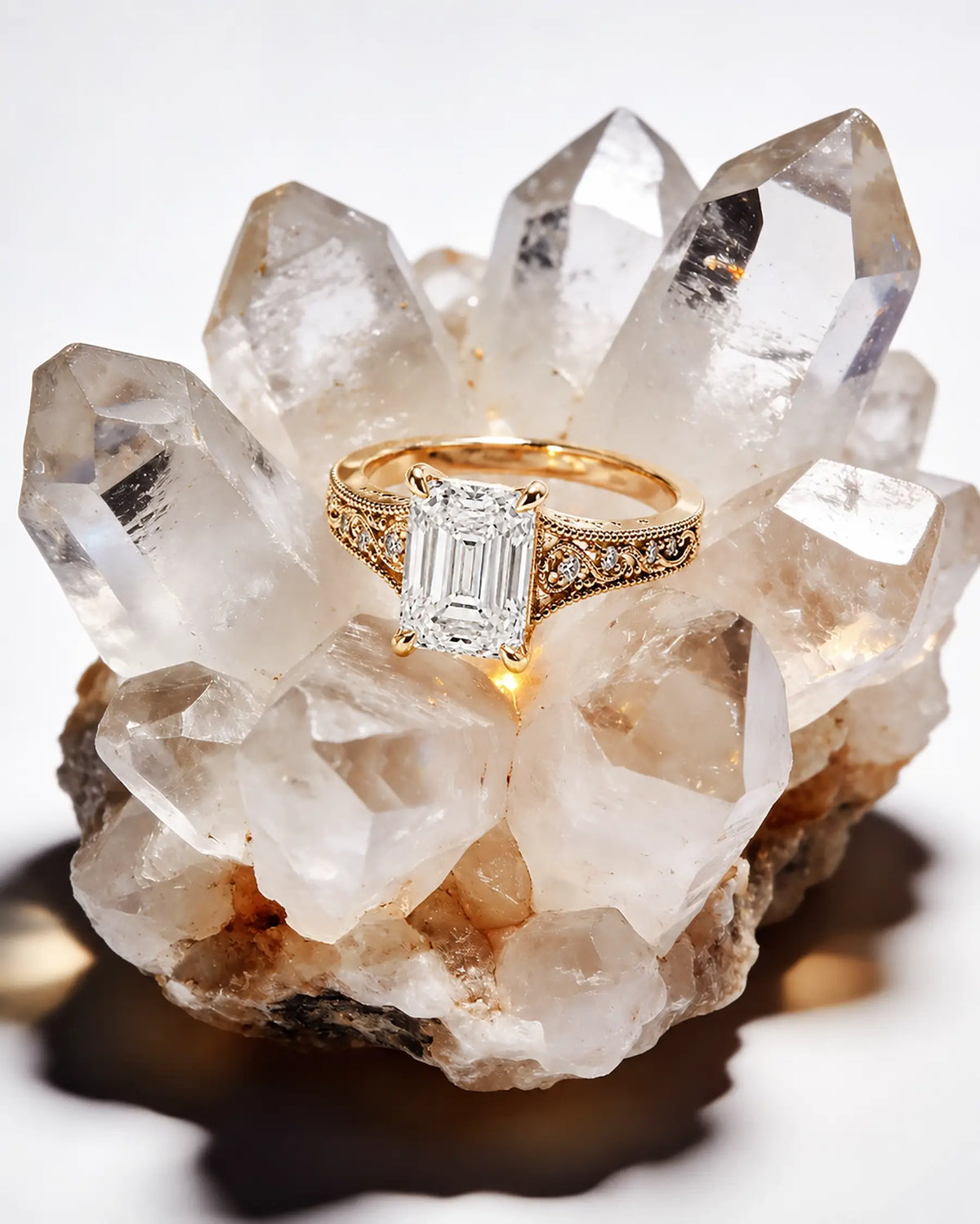Edwardian lab diamond engagement ring styled in an elegant heirloom jewelry scene vintage gold band